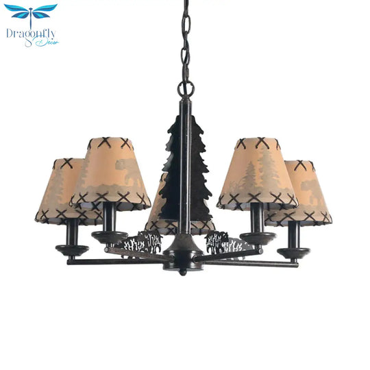 Tapered Indoor Hanging Lamp Traditional Fabric 5 Bulbs Rust Chandelier Pendant Light