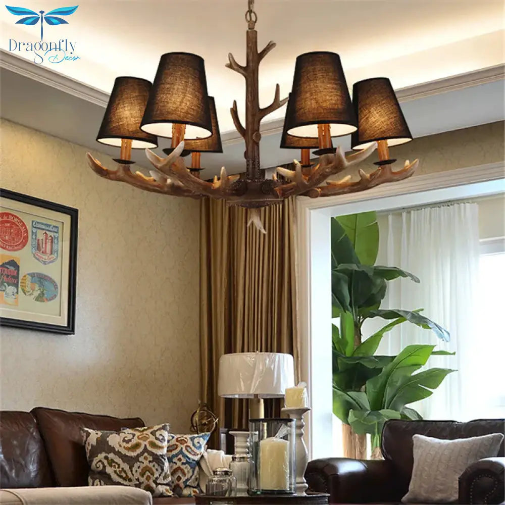 Tapered Living Room Drop Lamp Traditional Fabric 6 Bulbs Black Chandelier Pendant Light With Antler