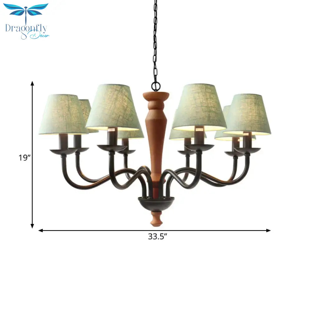 Tapered Living Room Pendant Chandelier Vintage Fabric 3/8 Lights Green/Beige Ceiling Suspension Lamp