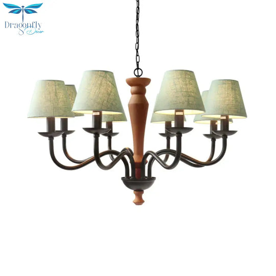 Tapered Living Room Pendant Chandelier Vintage Fabric 3/8 Lights Green/Beige Ceiling Suspension Lamp