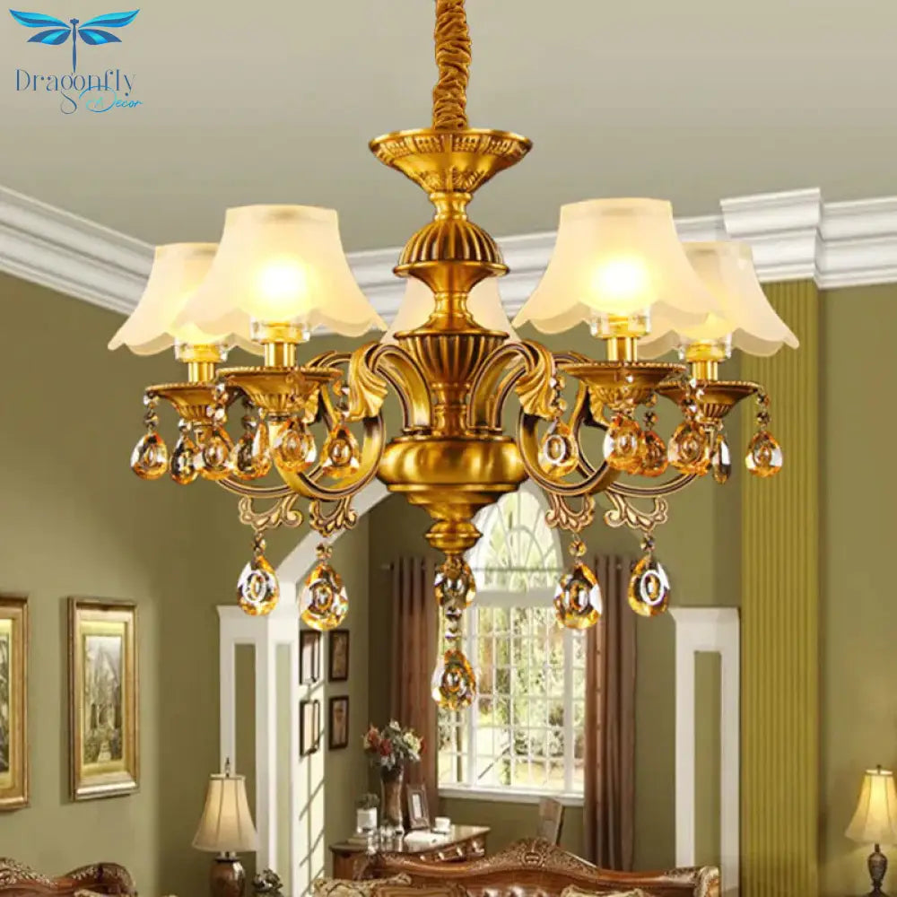 Tapered Shade Pendant Chandelier Mid Century 5 - Light Faceted Crystal Finial Ceiling Hang Fixture