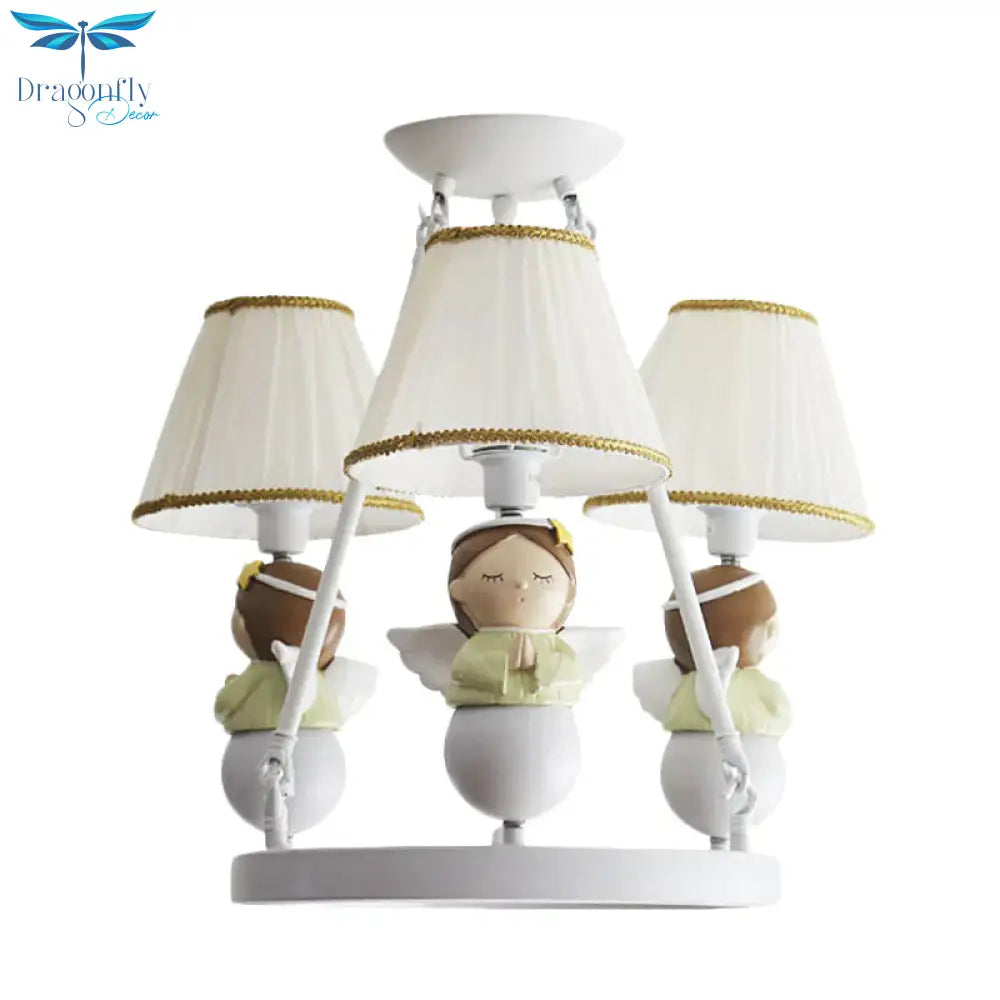 Tapered Suspension Lamp Cartoon Fabric 3 Bulbs Kids Bedroom Chandelier Light In White With Angel