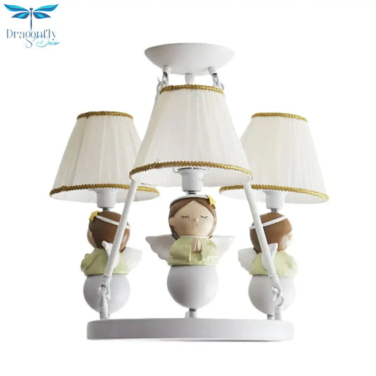 Tapered Suspension Lamp Cartoon Fabric 3 Bulbs Kids Bedroom Chandelier Light In White With Angel