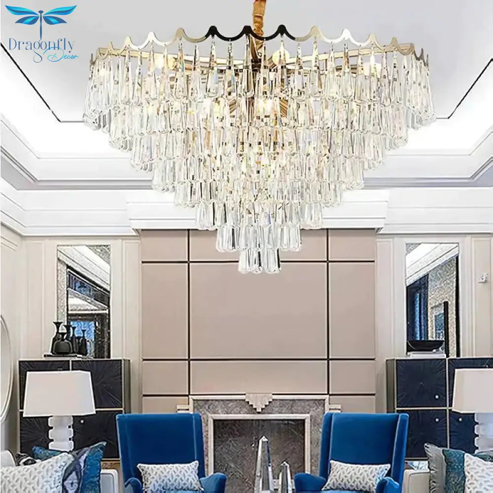 Tapered Waterdrop Crystal Chandelier Light Postmodern 9 Heads Living Room Ceiling In Gold