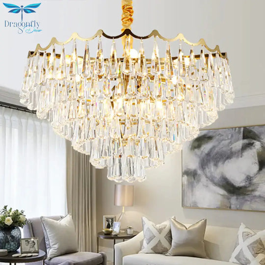 Tapered Waterdrop Crystal Chandelier Light Postmodern 9 Heads Living Room Ceiling In Gold