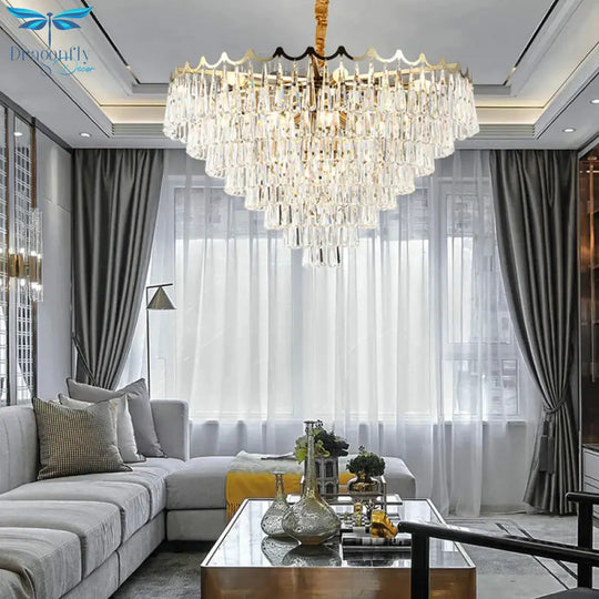 Tapered Waterdrop Crystal Chandelier Light Postmodern 9 Heads Living Room Ceiling In Gold