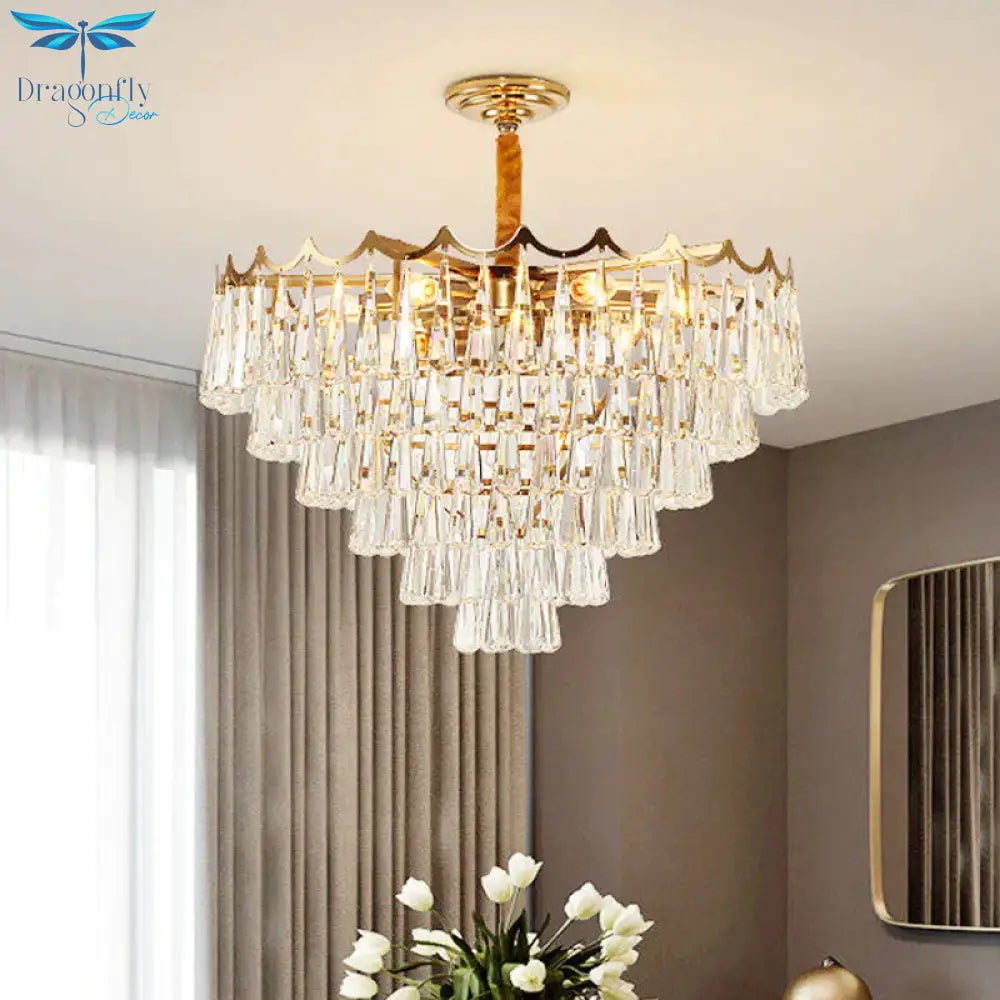 Tapered Waterdrop Crystal Chandelier Light Postmodern 9 Heads Living Room Ceiling In Gold