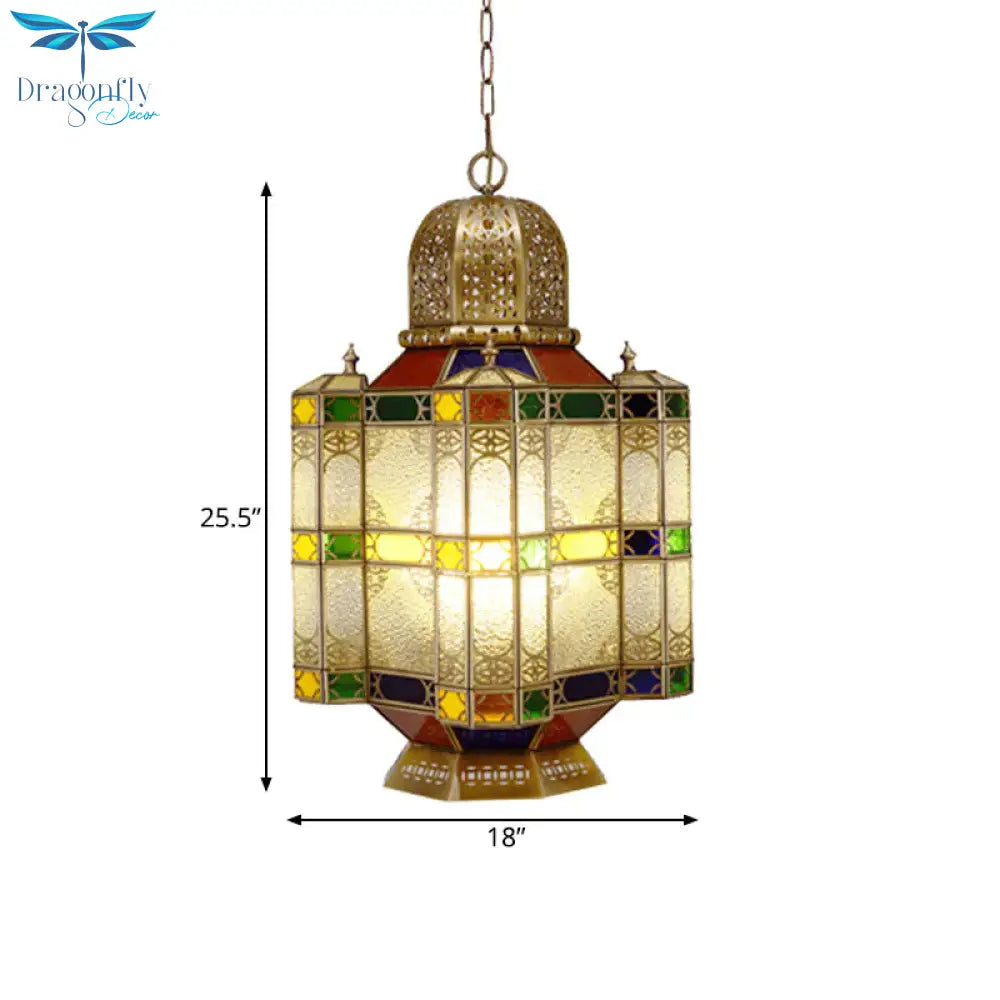 Textured Glass Brass Ceiling Pendant Lantern 6 - Head Chandelier Light Fixture For Restaurant