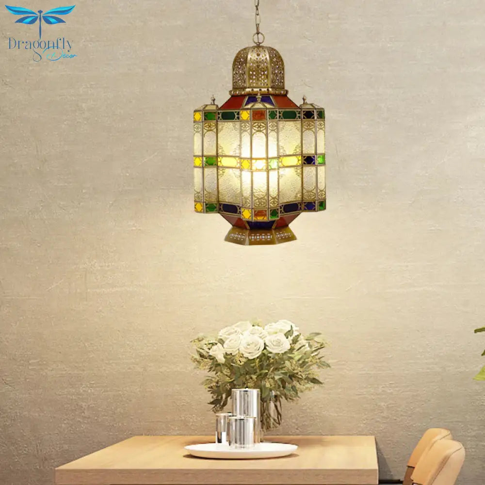 Textured Glass Brass Ceiling Pendant Lantern 6 - Head Chandelier Light Fixture For Restaurant