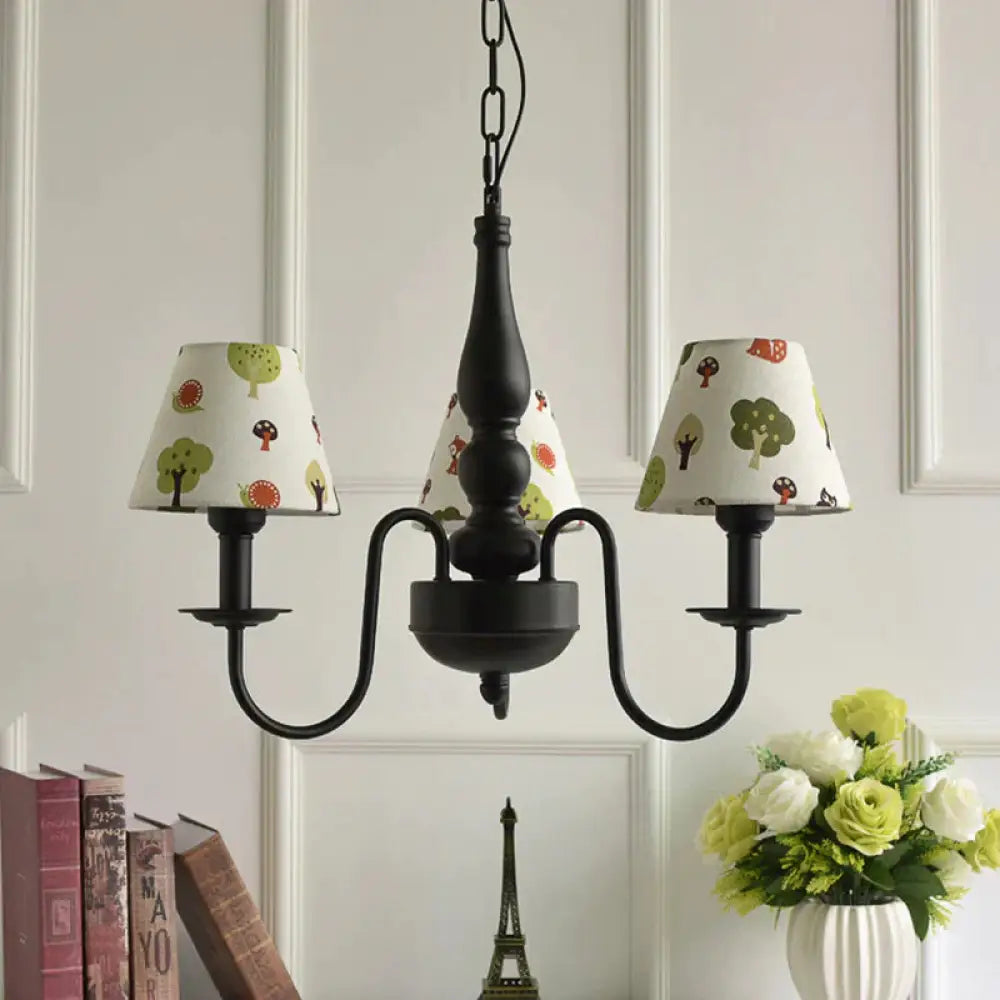 Three Lights Bucket Shade Chandelier Kids Metal Hanging Light For In Black Kindergarten Beige