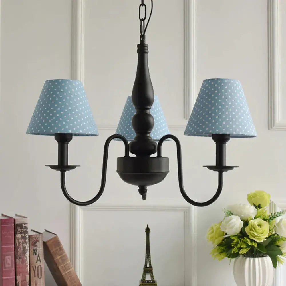 Three Lights Bucket Shade Chandelier Kids Metal Hanging Light For In Black Kindergarten Blue