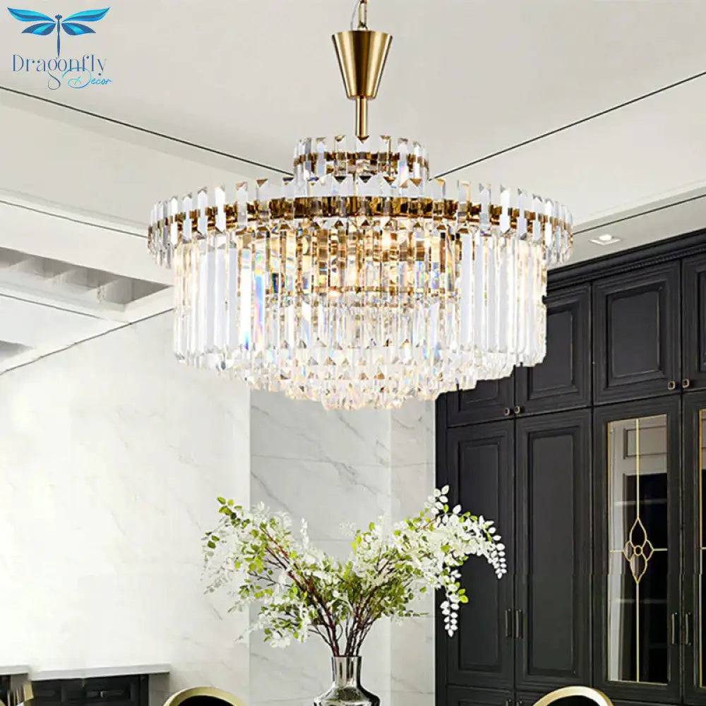 Tiered Round Clear Crystal Chandelier Light Classic 10/18 Heads Living Room Pendant Lighting In Gold