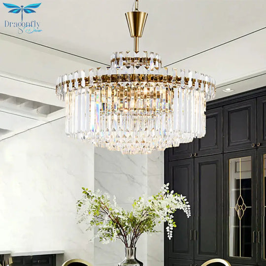 Tiered Round Clear Crystal Chandelier Light Classic 10/18 Heads Living Room Pendant Lighting In Gold