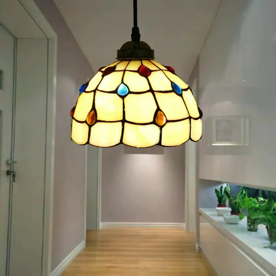Tiffany Style Bell Shade Pendant Light Single Hand Cut Glass Suspension Fixture Beige / 8’