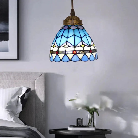 Tiffany Style Bell Shade Pendant Light Single Hand Cut Glass Suspension Fixture Blue / 6’