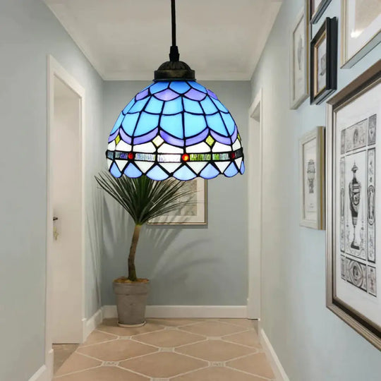 Tiffany Style Bell Shade Pendant Light Single Hand Cut Glass Suspension Fixture Blue / 8’