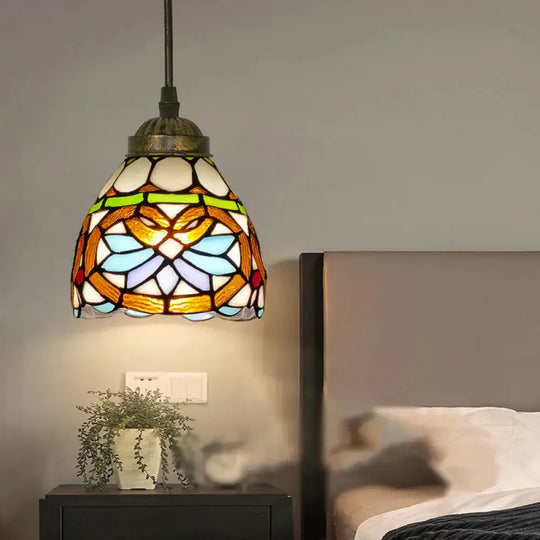 Tiffany Style Bell Shade Pendant Light Single Hand Cut Glass Suspension Fixture Brown / 6’