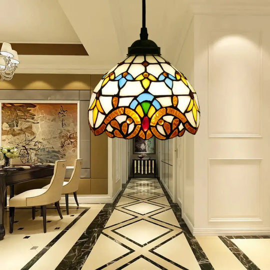Tiffany Style Bell Shade Pendant Light Single Hand Cut Glass Suspension Fixture Khaki / 8’