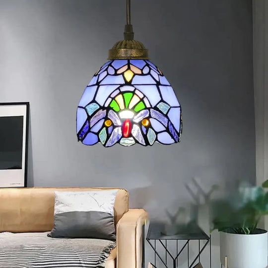 Tiffany Style Bell Shade Pendant Light Single Hand Cut Glass Suspension Fixture Purple / 6’