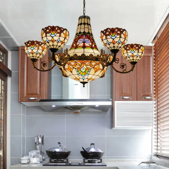 Tiffany Style Brass Dining Room Pendant Chandelier Down Lighting With Dome 11 13 Lights / 39’