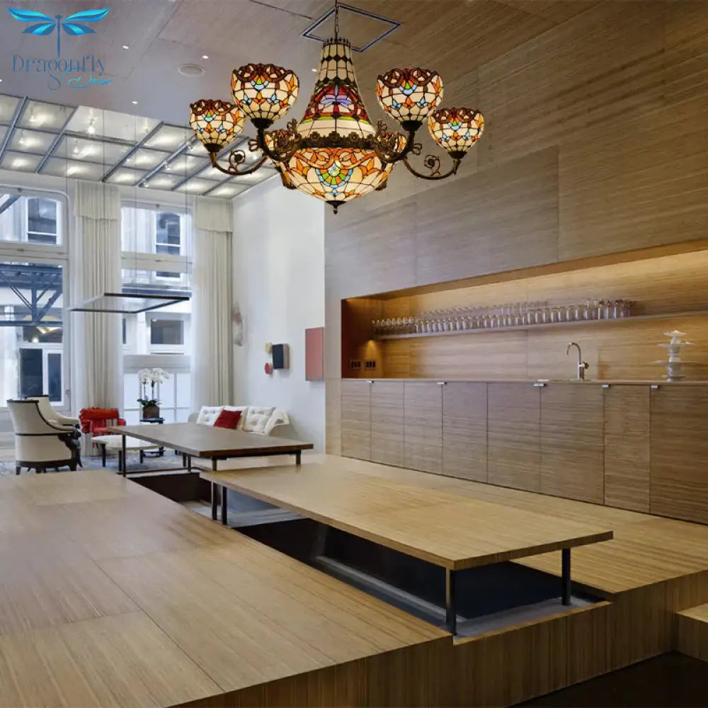 Tiffany Style Brass Dining Room Pendant Chandelier Down Lighting With Dome 11 13 Lights