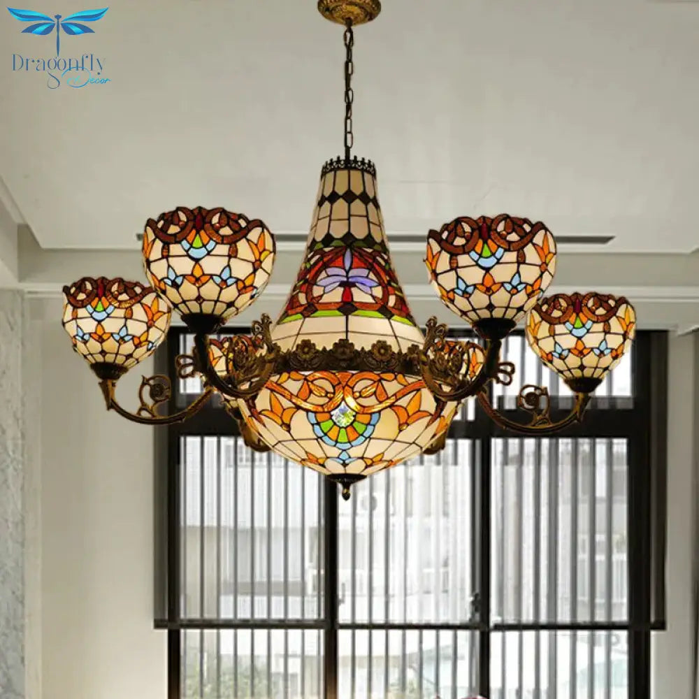 Tiffany Style Brass Dining Room Pendant Chandelier Down Lighting With Dome 11 13 Lights