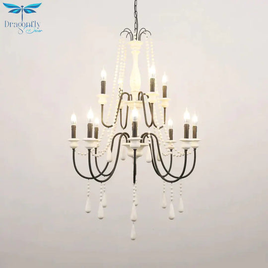 Traditional 2 - Tier Hanging Chandelier Metal 12 Bulbs Suspension Light In White With Wooden Drop