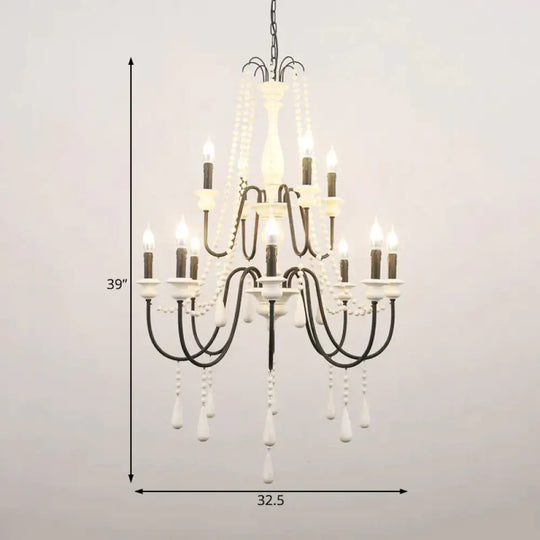 Traditional 2 - Tier Hanging Chandelier Metal 12 Bulbs Suspension Light In White With Wooden Drop