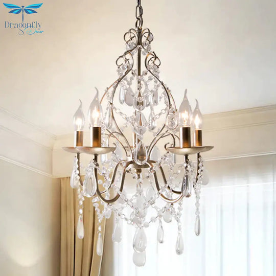 Traditional Antique Brass Crystal Teardrop Chandelier - 5 - Bulb Metal Candle Ceiling Fixture