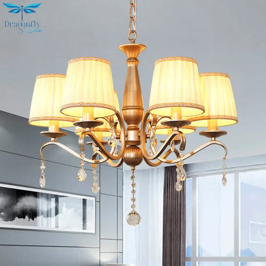 Traditional Barrel Shade Hanging Light 6 Bulbs Pleated Fabric Ceiling Chandelier With Gold Curved