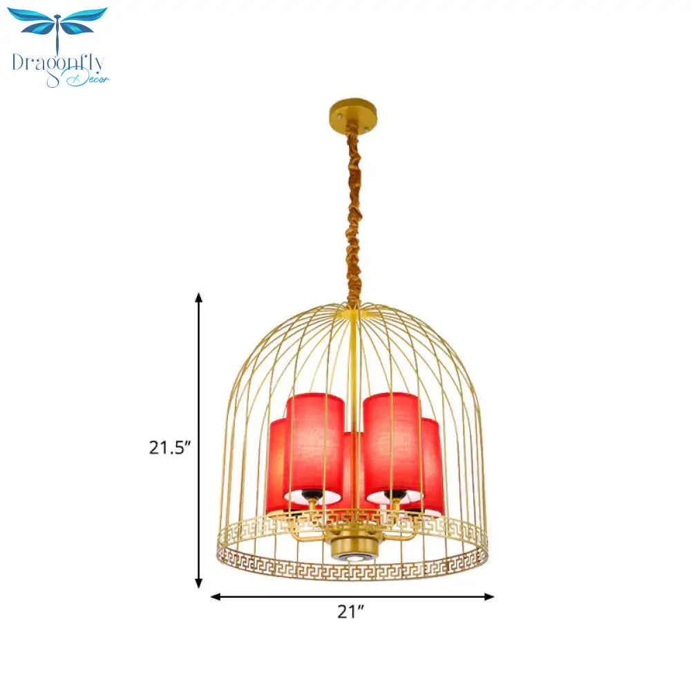 Traditional Birdcage Chandelier Light Metal 3/5 Lights Restaurant Black/Gold Ceiling Lamp With Red