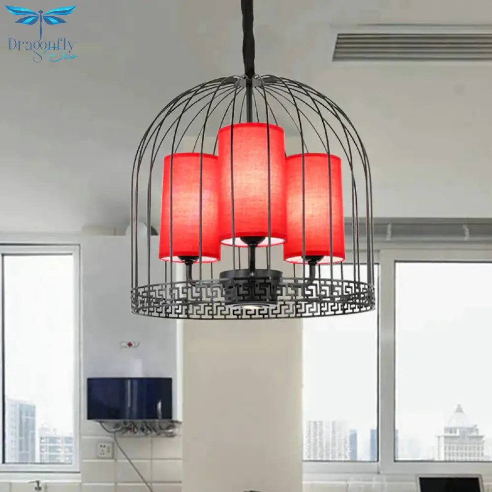 Traditional Birdcage Chandelier Light Metal 3/5 Lights Restaurant Black/Gold Ceiling Lamp With Red