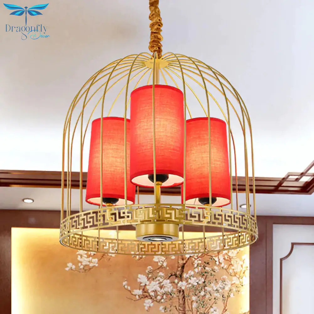 Traditional Birdcage Chandelier Light Metal 3/5 Lights Restaurant Black/Gold Ceiling Lamp With Red