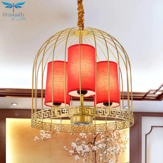 Traditional Birdcage Chandelier Light Metal 3/5 Lights Restaurant Black/Gold Ceiling Lamp With Red