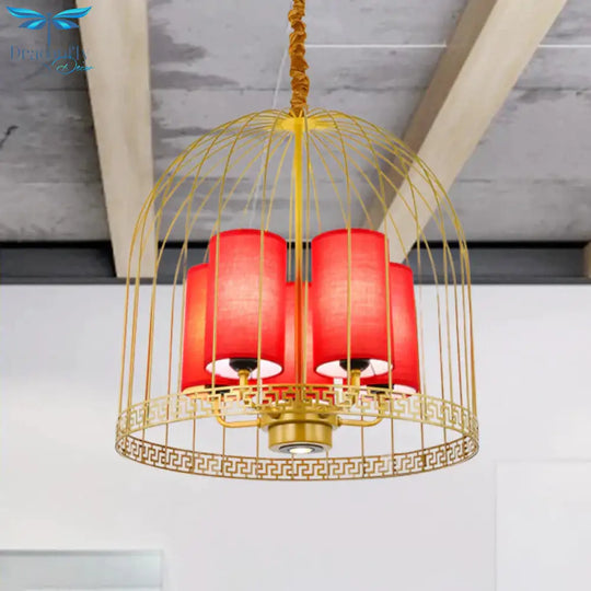 Traditional Birdcage Chandelier Light Metal 3/5 Lights Restaurant Black/Gold Ceiling Lamp With Red