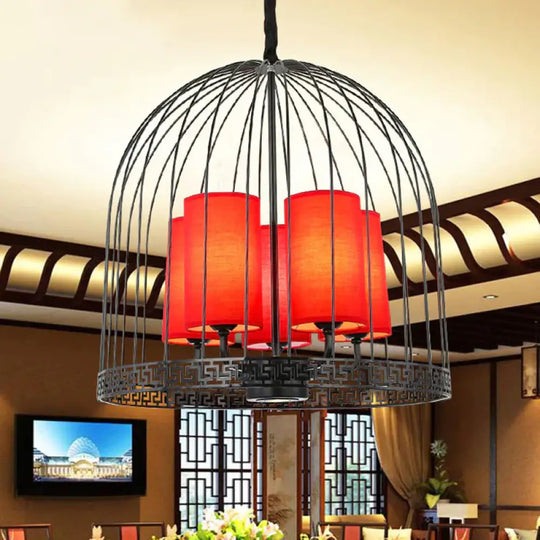 Traditional Birdcage Chandelier Light Metal 3/5 Lights Restaurant Black/Gold Ceiling Lamp With Red