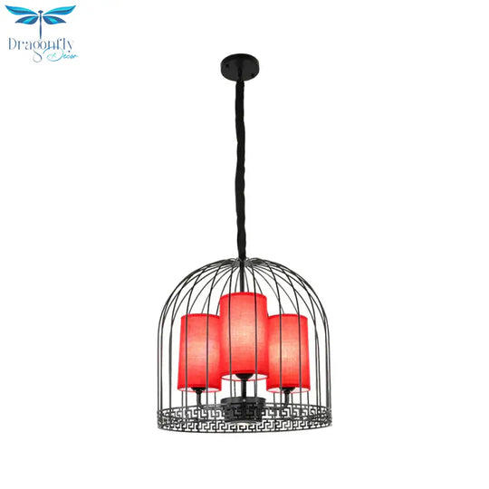 Traditional Birdcage Chandelier Light Metal 3/5 Lights Restaurant Black/Gold Ceiling Lamp With Red