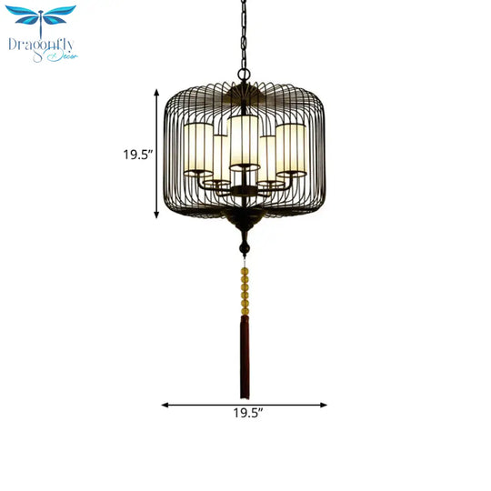 Traditional Black Cylinder Tea House Hanging 5 Light Pendant Chandelier