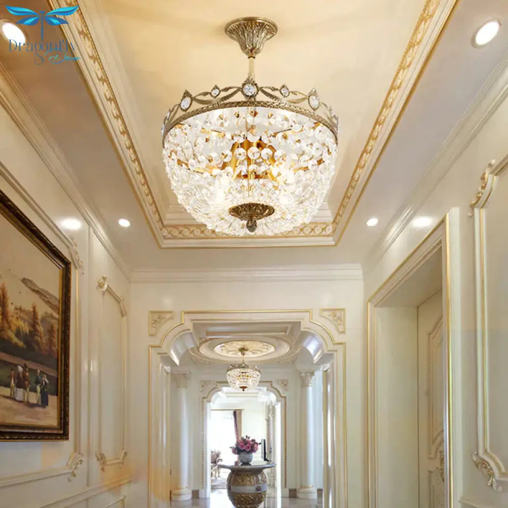 Traditional Bowl Hanging Chandelier Crystal 4 Bulbs Suspension Light In Brass For Hallway