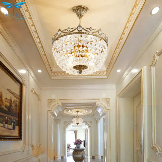Traditional Bowl Hanging Chandelier Crystal 4 Bulbs Suspension Light In Brass For Hallway