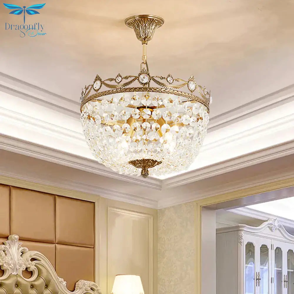 Traditional Bowl Hanging Chandelier Crystal 4 Bulbs Suspension Light In Brass For Hallway
