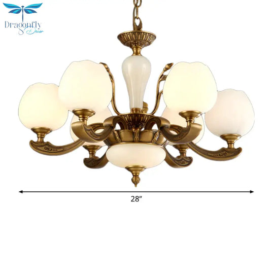 Traditional Bud Shaped Hanging Lamp 3/6 Lights Frosted White Glass Chandelier In Brass
