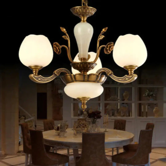 Traditional Bud Shaped Hanging Lamp 3/6 Lights Frosted White Glass Chandelier In Brass 3 /