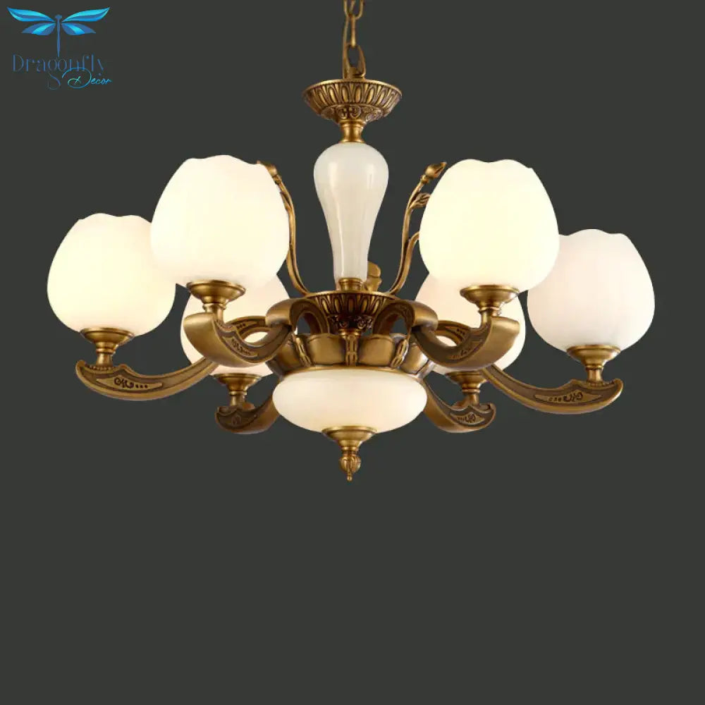 Traditional Bud Shaped Hanging Lamp 3/6 Lights Frosted White Glass Chandelier In Brass