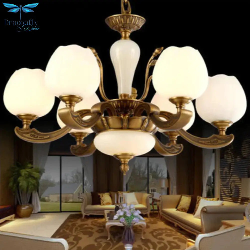 Traditional Bud Shaped Hanging Lamp 3/6 Lights Frosted White Glass Chandelier In Brass
