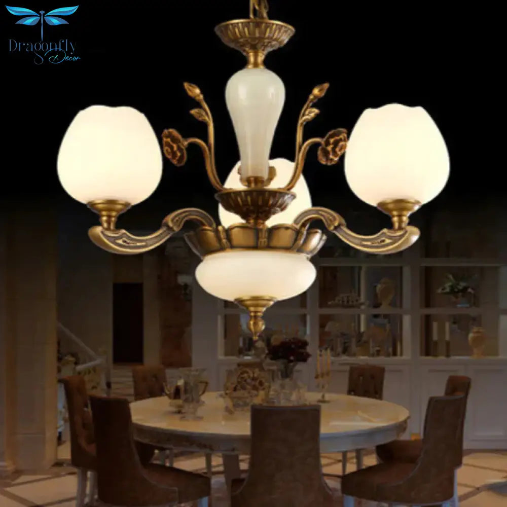 Traditional Bud Shaped Hanging Lamp 3/6 Lights Frosted White Glass Chandelier In Brass