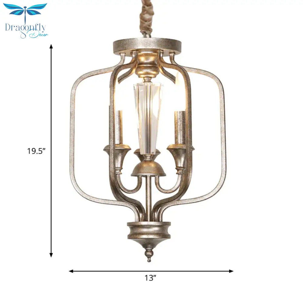 Traditional Caged Hanging Lamp 3 Bulbs Metal Chandelier Light Fixture With Crystal Accent In Aged