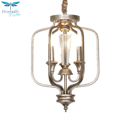 Traditional Caged Hanging Lamp 3 Bulbs Metal Chandelier Light Fixture With Crystal Accent In Aged