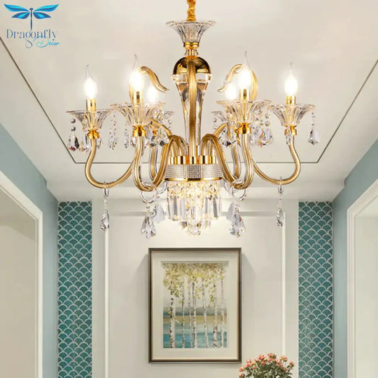 Traditional Candelabra Chandelier 6/8 Heads Metal Drop Pendant In Gold With Clear Crystal Droplet