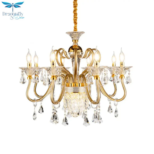Traditional Candelabra Chandelier 6/8 Heads Metal Drop Pendant In Gold With Clear Crystal Droplet
